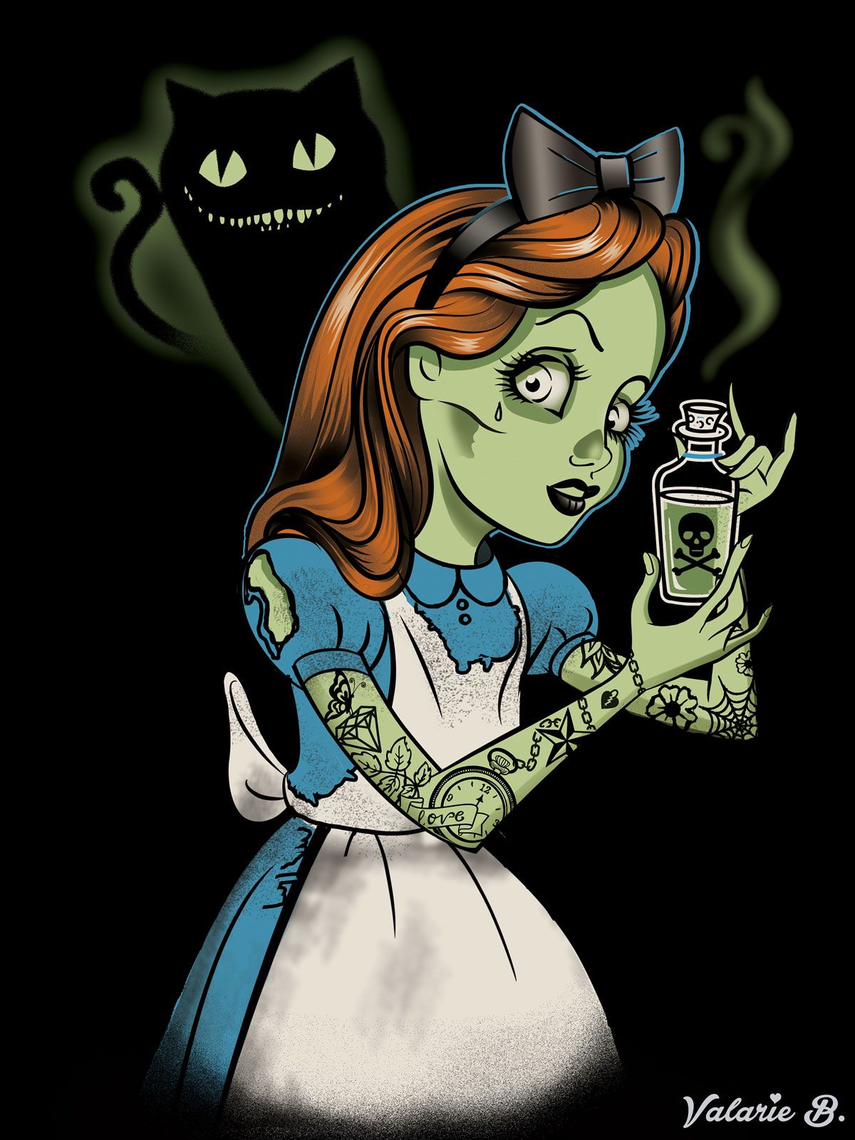 Alice. Poster illustration of a green-skinned zombie girl with red hair, a black bow and tattooed arms, in a torn blue dress and white apron, holding a poison bottle as a grinning cat glows in green smoke behind her.