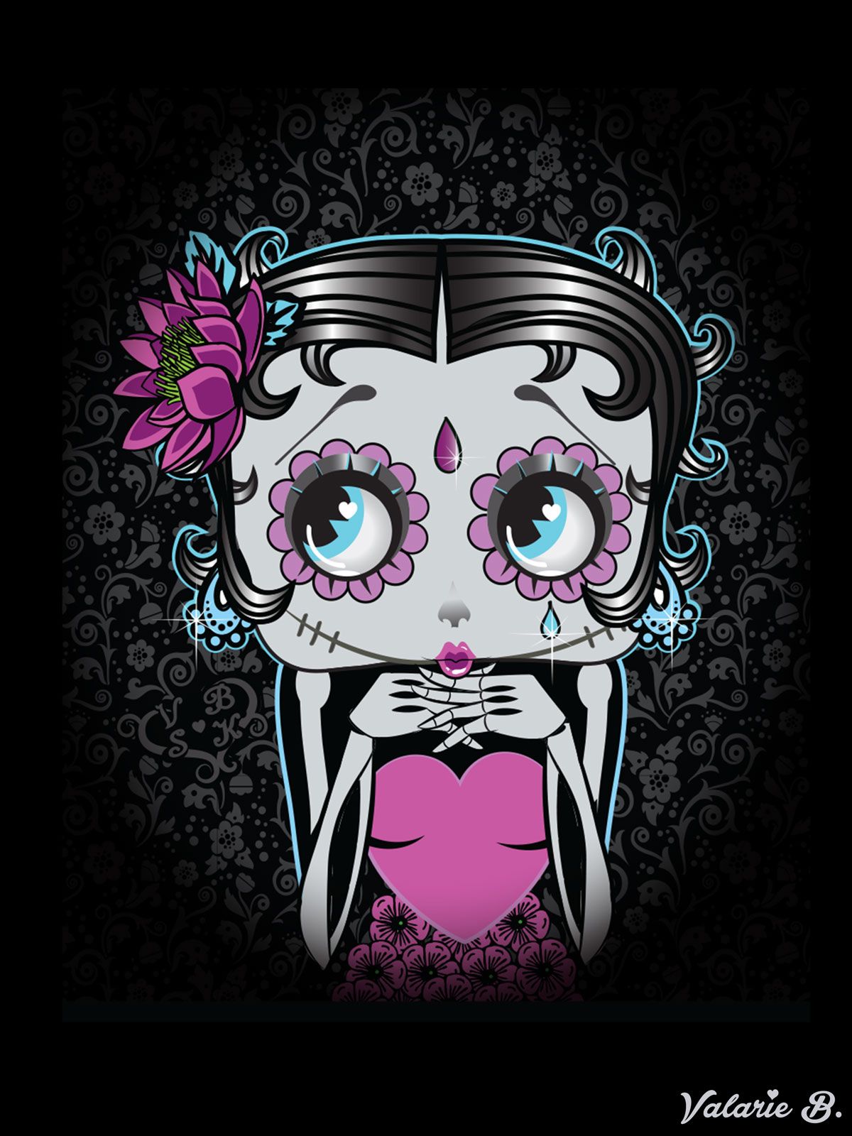 Dead Betty. Poster illustration of Betty Boop as a sugar skull, with big blue eyes, a pink lotus in her hair, skeleton hands and a pink heart on her dress, against black floral damask.