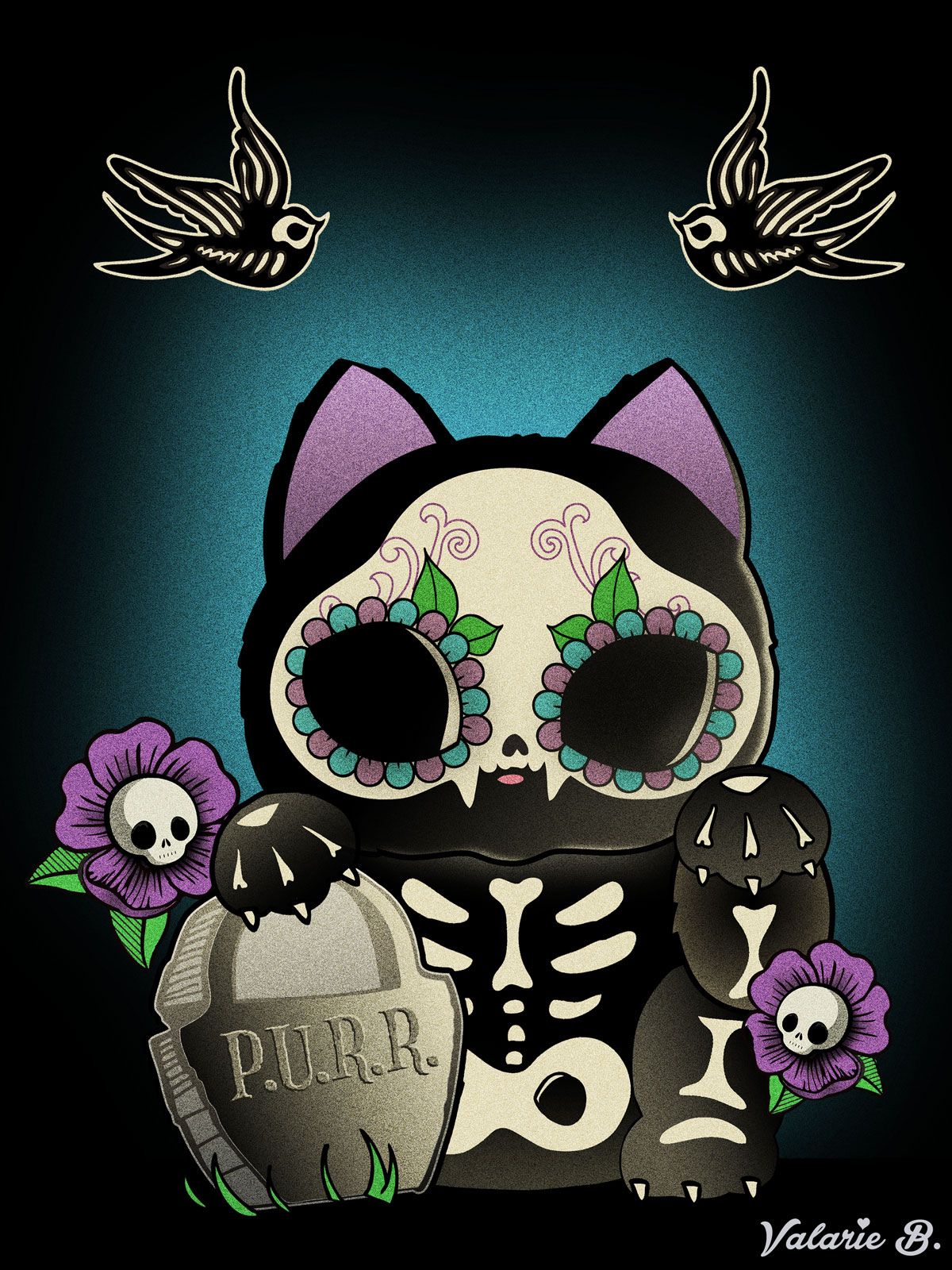 Dead Kitty. Poster illustration of a sugar skull lucky cat with a skeleton body, one paw raised and one on a tombstone reading P.U.R.R., with purple skull flowers and two swallows on a teal glow.