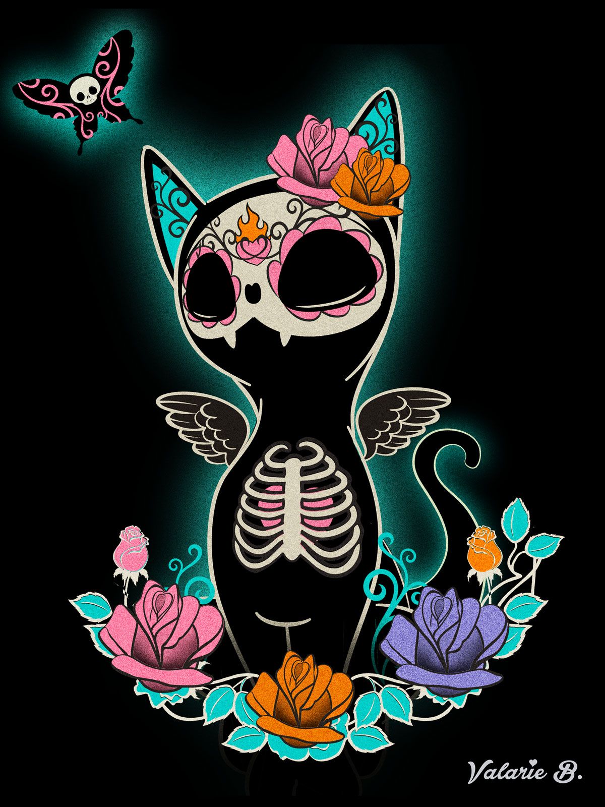 Kitty Rose. Illustration of a winged black kitten with a sugar skull face, a ribcage with a pink heart and pink and orange roses on its head, sitting in a wreath of pink, orange and purple roses under a skull-faced moth, with a teal glow on black.