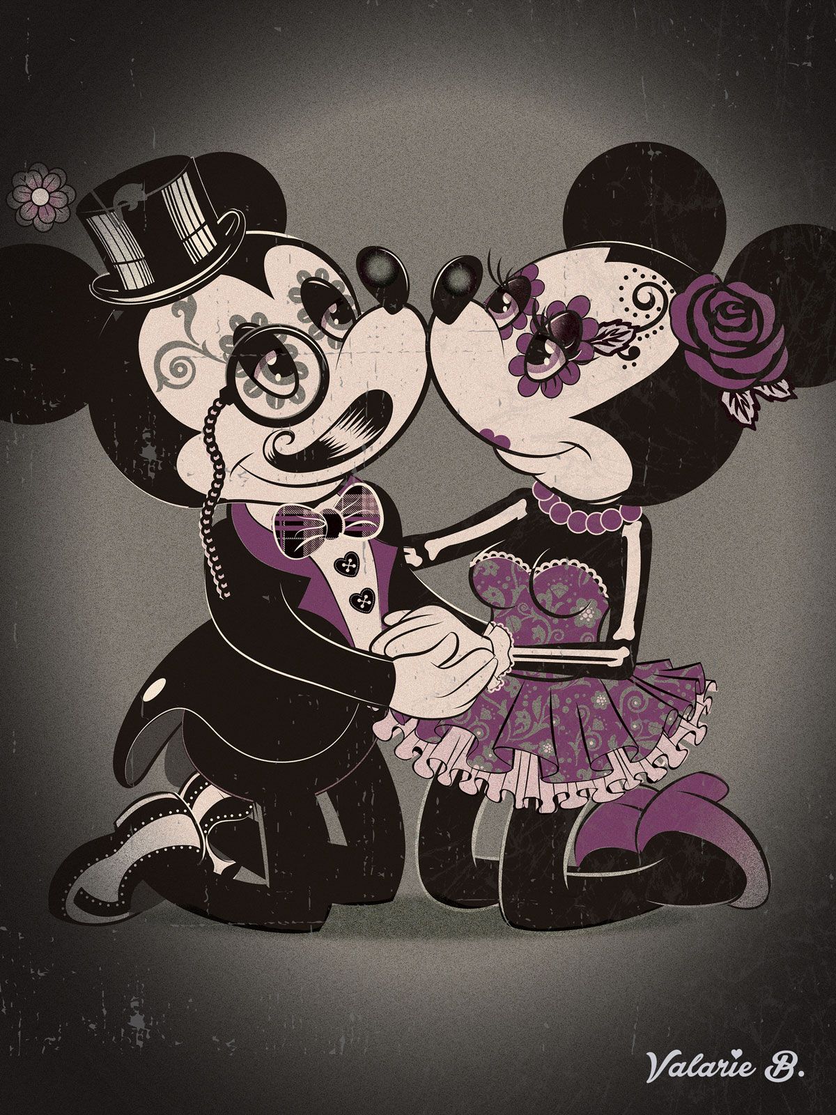 Mickey and Minnie. Illustration of the two cartoon mice in Day of the Dead sugar skull makeup, kneeling and kissing, he in a top hat, monocle and tuxedo, she in a lacy purple dress with a rose in her hair, in sepia and purple tones.