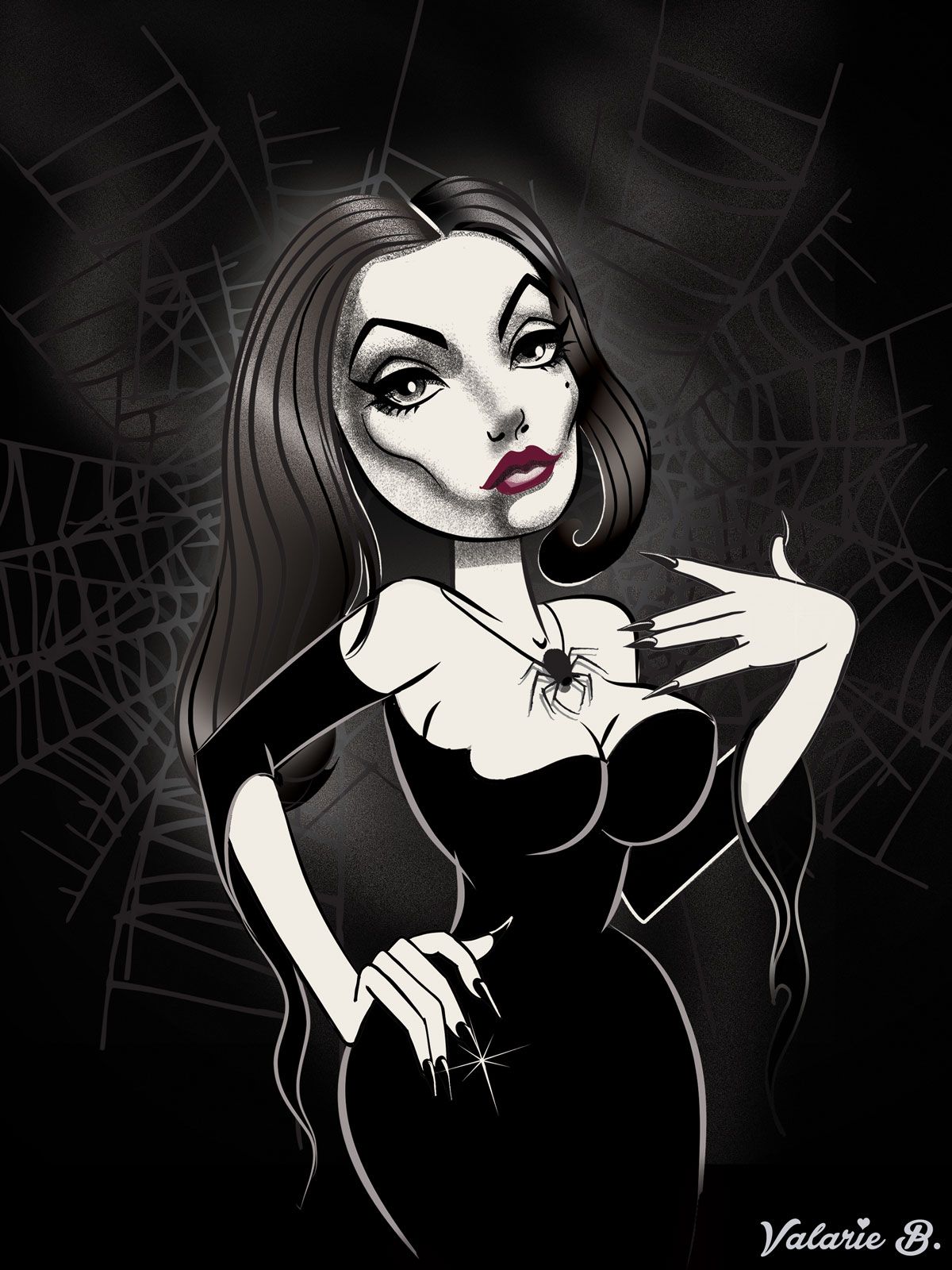 Vampira. Poster illustration of a pale woman with long black hair, red lips and long black nails, in a black gown with a spider pendant, against cobwebs in black and white.