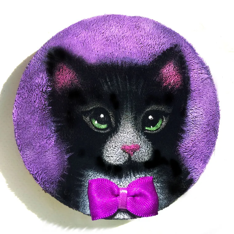 A black and white kitten with green eyes, a pink nose and a magenta ribbon bow tie on a lavender background, painted on round black velvet.