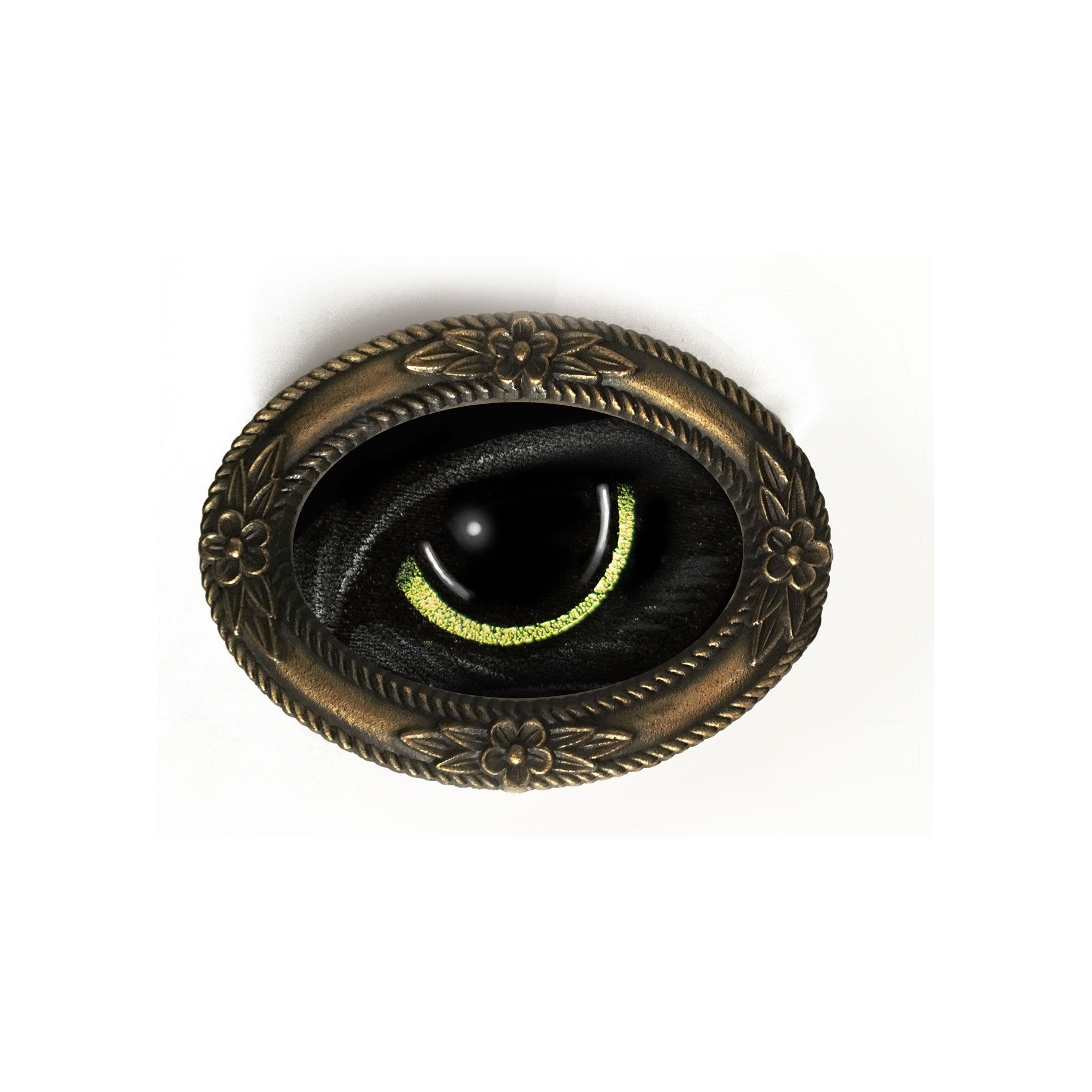 Cat’s Eye On Velvet. A single black cat's eye with a thin green rim, painted on black velvet in a small oval brass frame decorated with flowers.